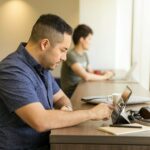 man touching tablet computer on desk